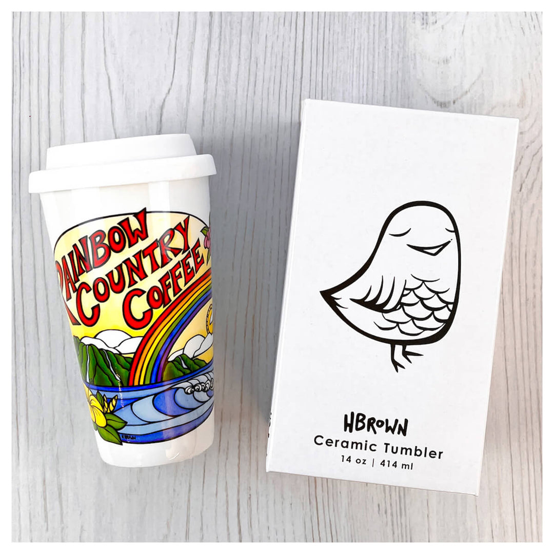 White ceramic coffee tumbler with Hawaii rainbow wave diamondhead art by Heather Brown