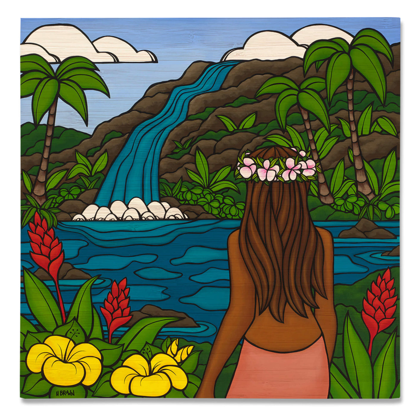 A bamboo print of  a local woman enjoying the waterfall view with colorful tropical flowers surrounding her by Hawaii surf artist Heather Brown