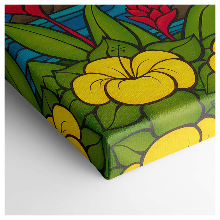 Canvas giclée edge detail of artwork Island Beauty by Hawaii surf artist Heather Brown