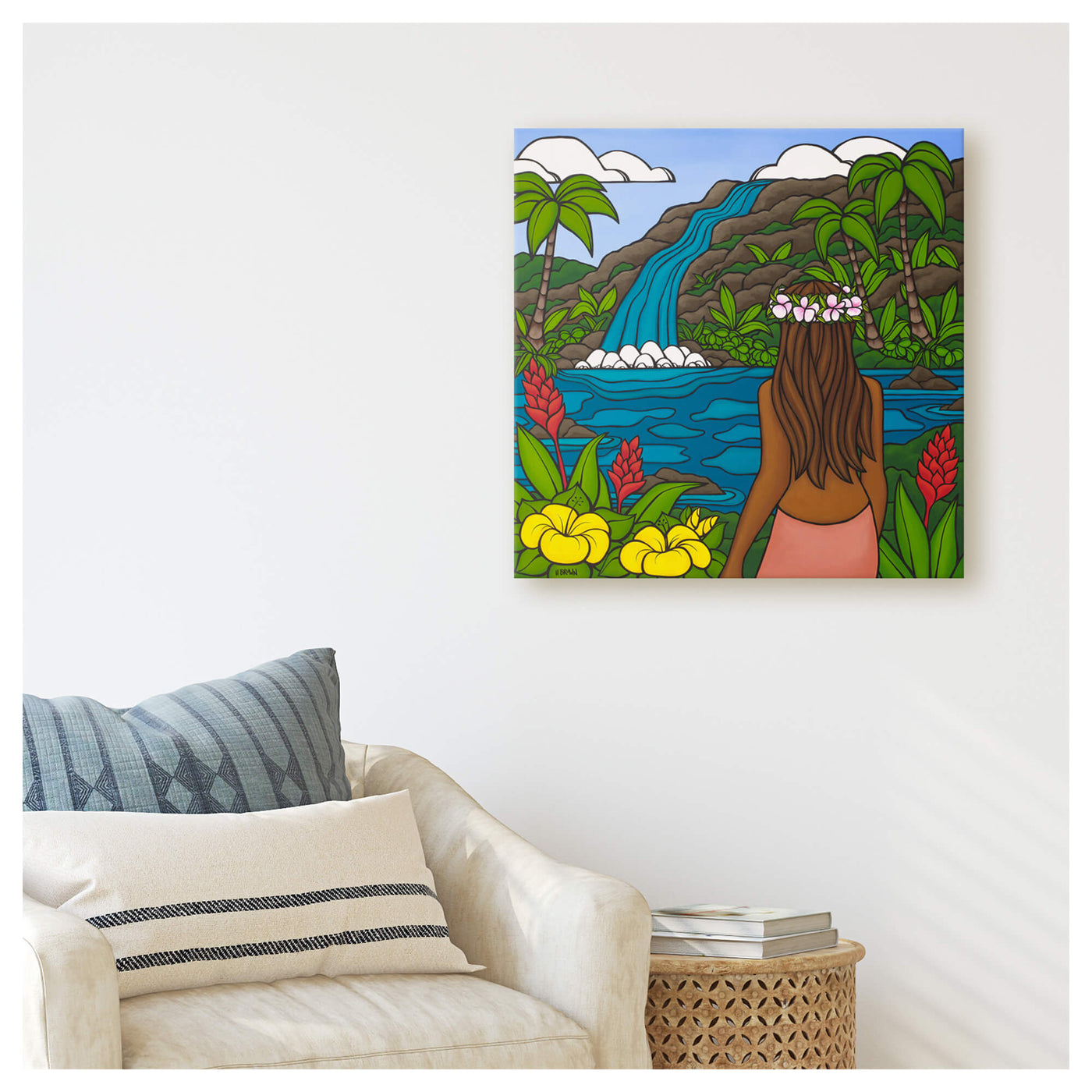 A canvas giclée art print of a local woman enjoying the waterfall view with colorful tropical flowers surrounding her by Hawaii surf artist Heather Brown