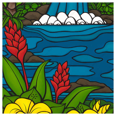 Close up details of artwork Island Beauty by Hawaii surf artist Heather Brown