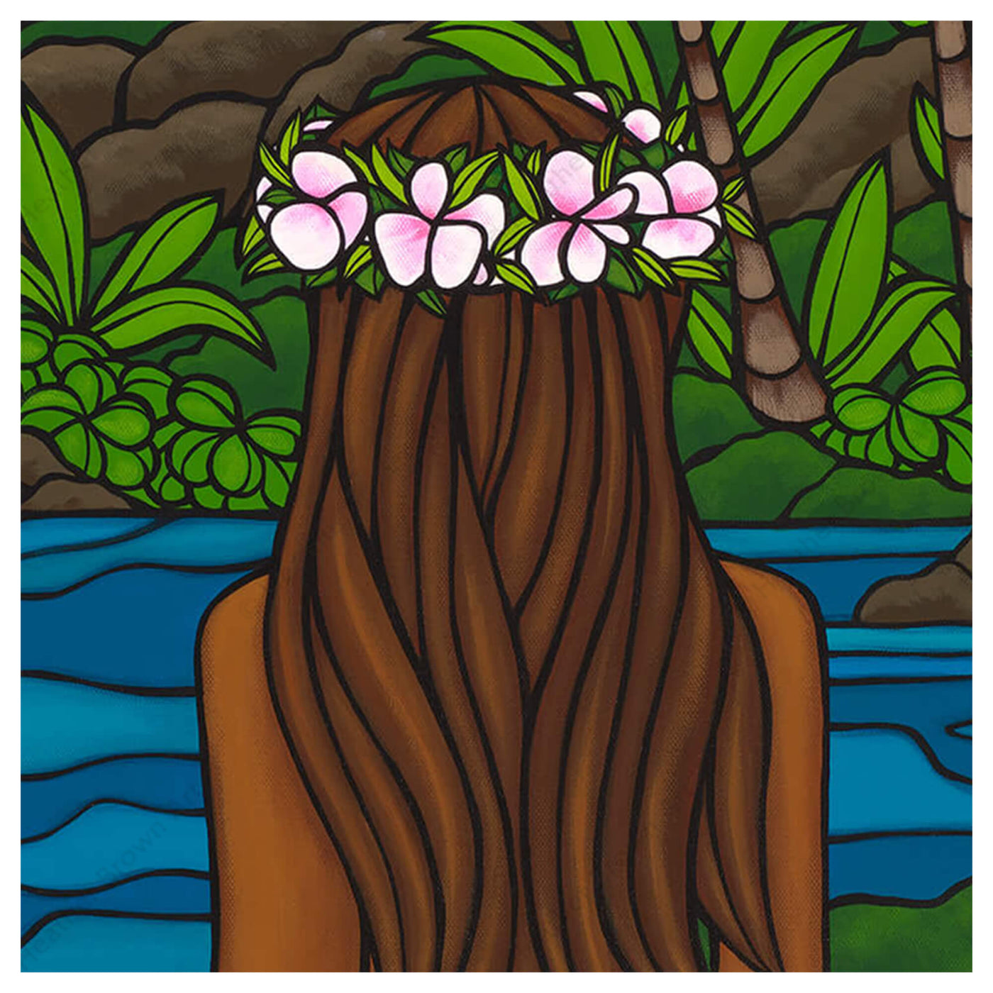 Close up details of artwork Island Beauty by Hawaii surf artist Heather Brown