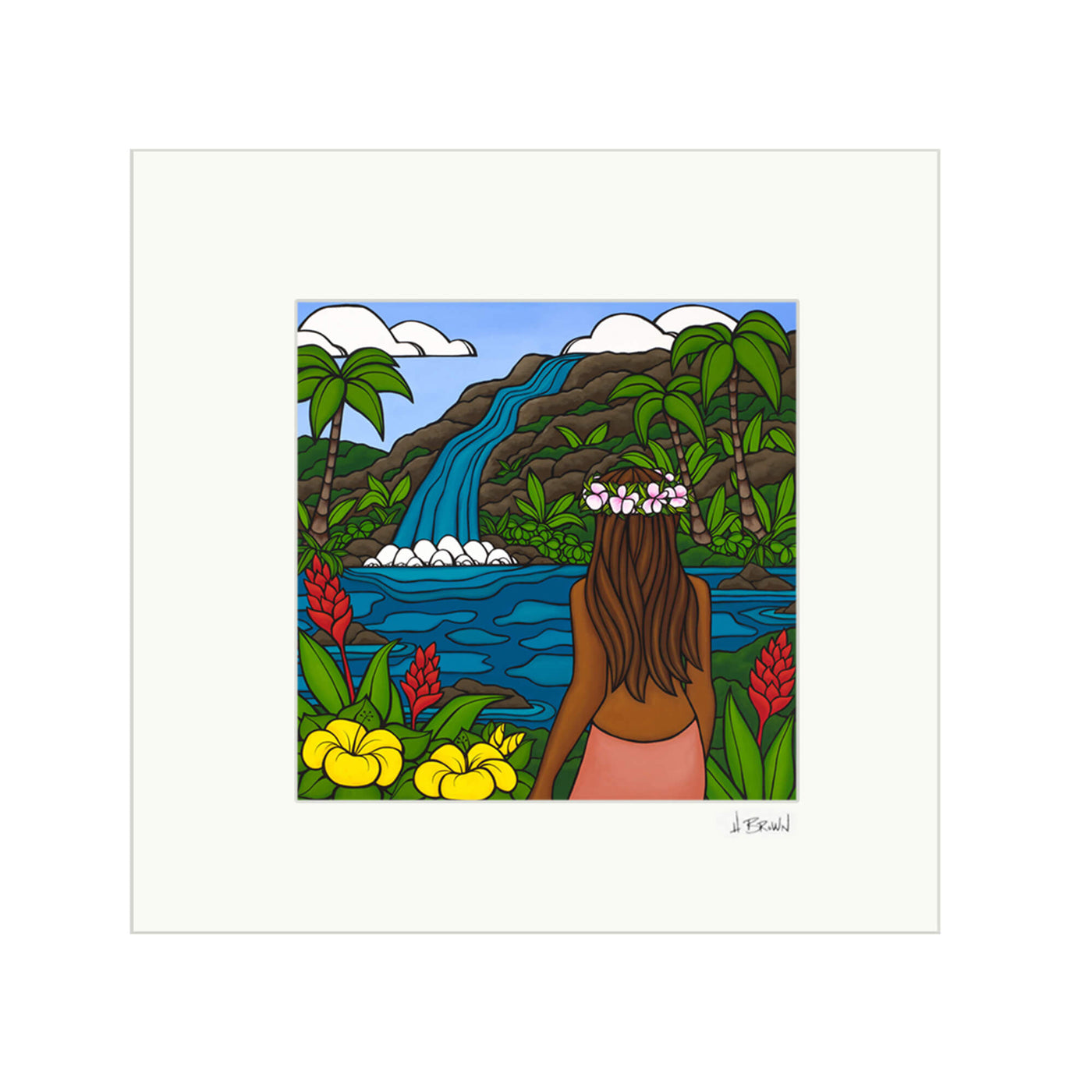A matted art print of a local woman enjoying the waterfall view with colorful tropical flowers surrounding her by Hawaii surf artist Heather Brown