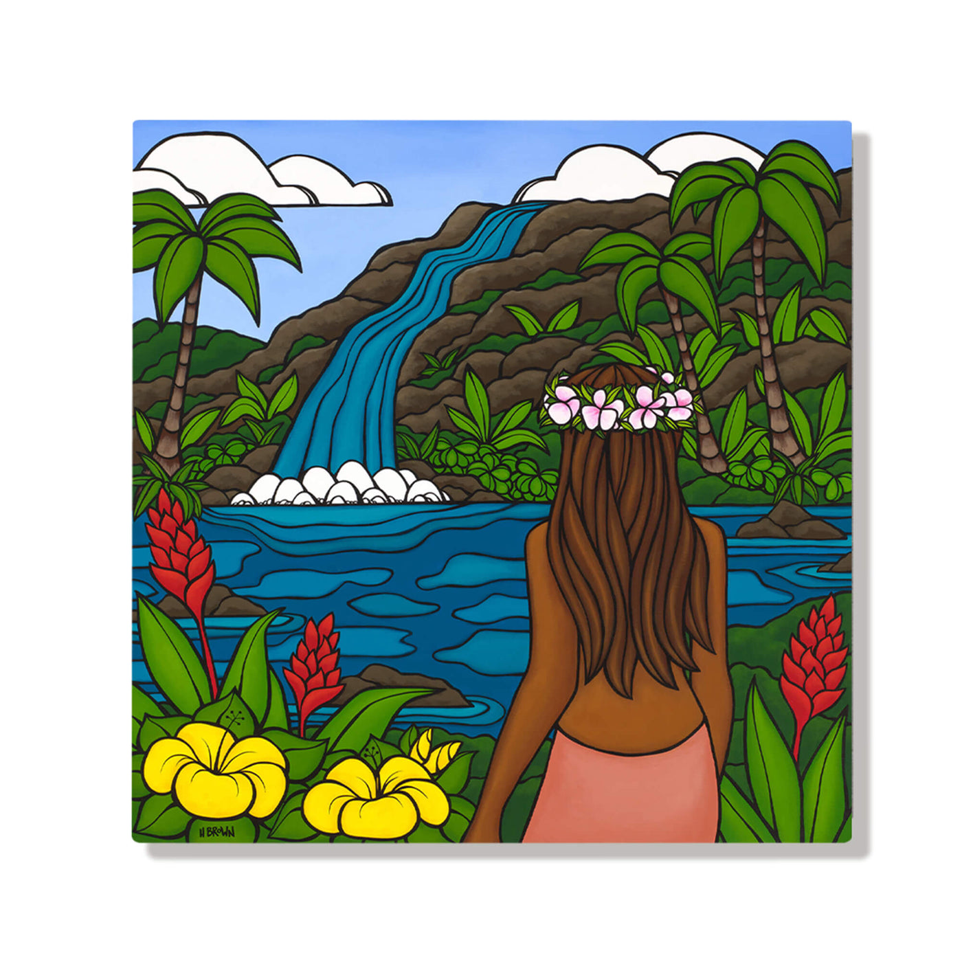 A metal art print of a local woman enjoying the waterfall view with colorful tropical flowers surrounding her by Hawaii surf artist Heather Brown