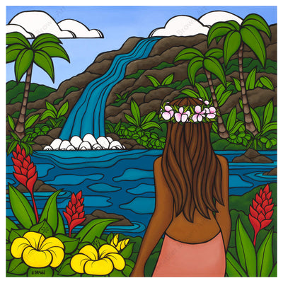 A canvas giclée art print of a local woman enjoying the waterfall view with colorful tropical flowers surrounding her by Hawaii surf artist Heather Brown