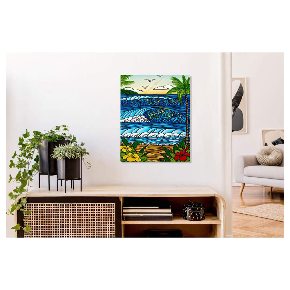A metal art print featuring a classic view of a Hawaiian beach with hibiscus flowers, palm trees and rolling waves by Hawaii surf artist Heather Brown