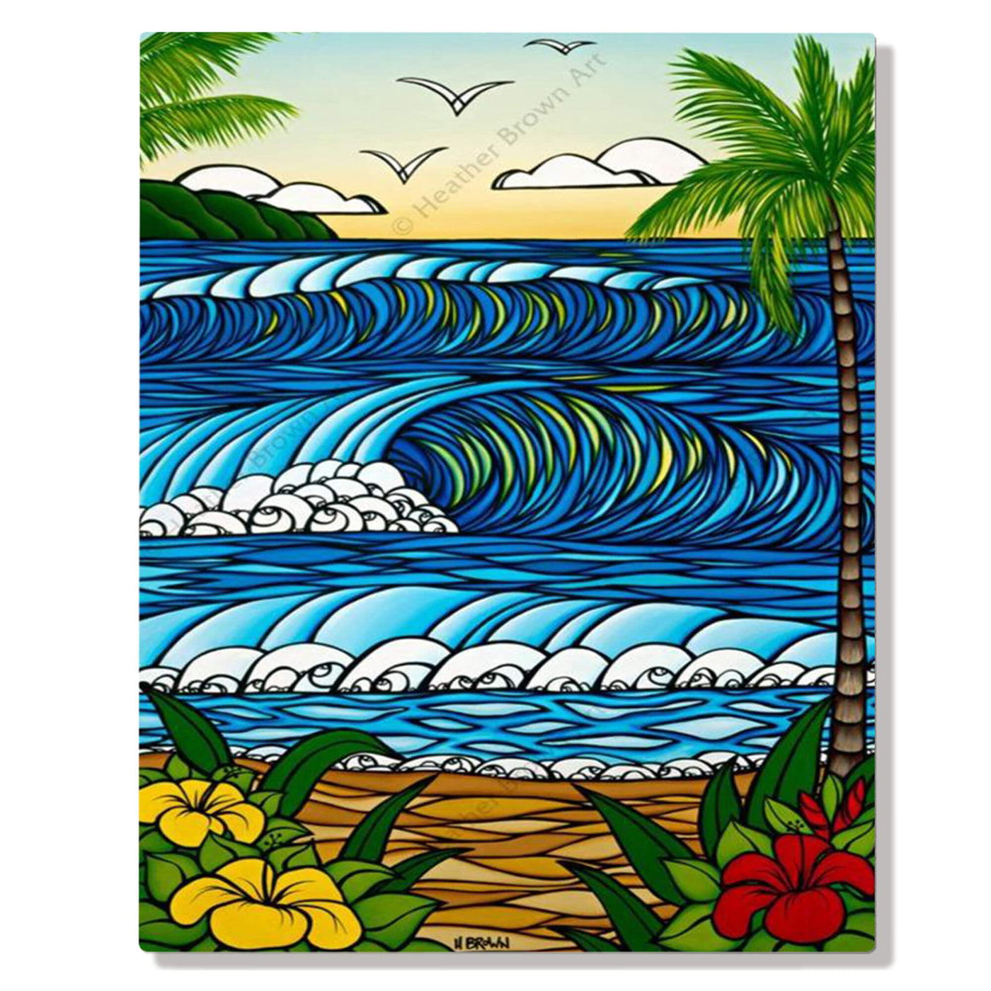 A metal art print featuring a classic view of a Hawaiian beach with hibiscus flowers, palm trees and rolling waves by Hawaii surf artist Heather Brown
