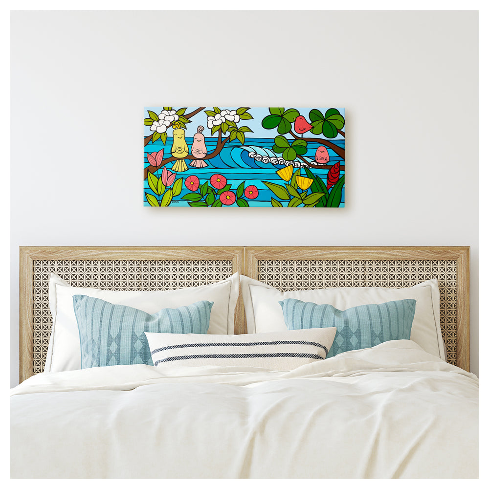 A canvas giclée print featuring some tropical flowers, and colorful birds sitting on tree branches framing rolling waves by Hawaii surf artist Heather Brown