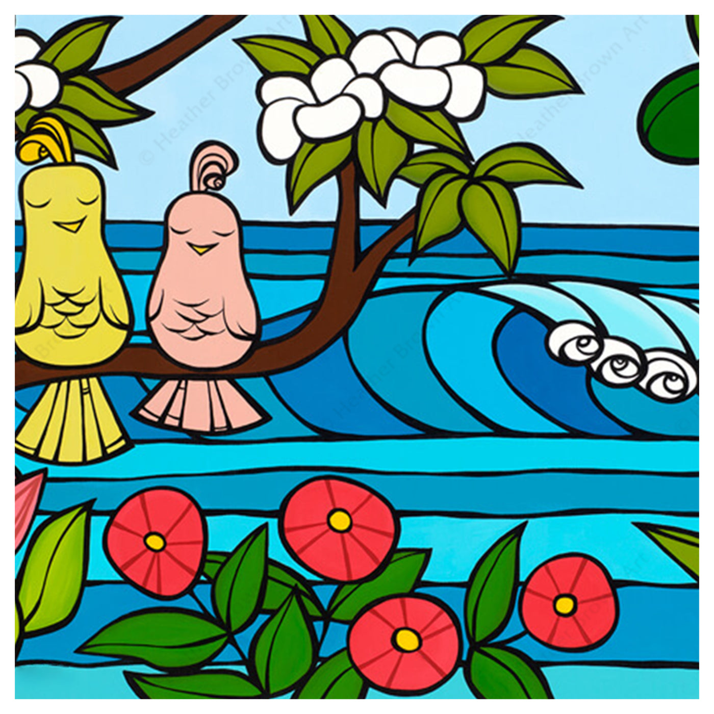 Close up details of artwork Bird Family Holiday by Hawaii surf artist Heather Brown