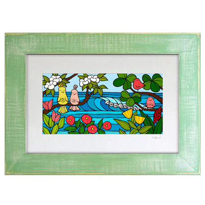 A framed matted art print featuring some tropical flowers, and colorful birds sitting on tree branches framing distant waves by Hawaii surf artist Heather Brown