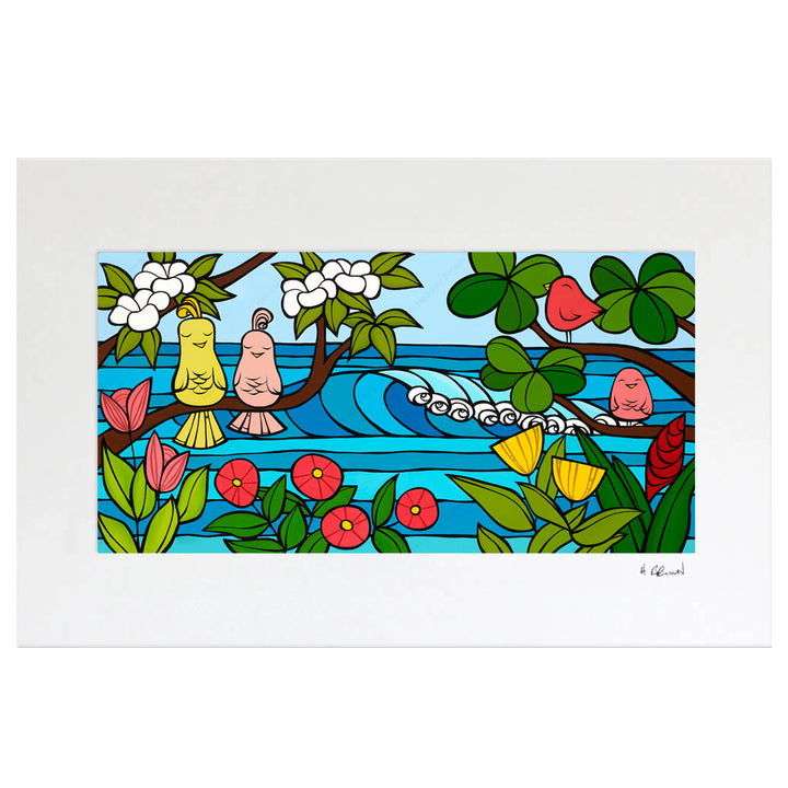A matted art print featuring some tropical flowers, and colorful birds sitting on tree branches framing distant waves by Hawaii surf artist Heather Brown