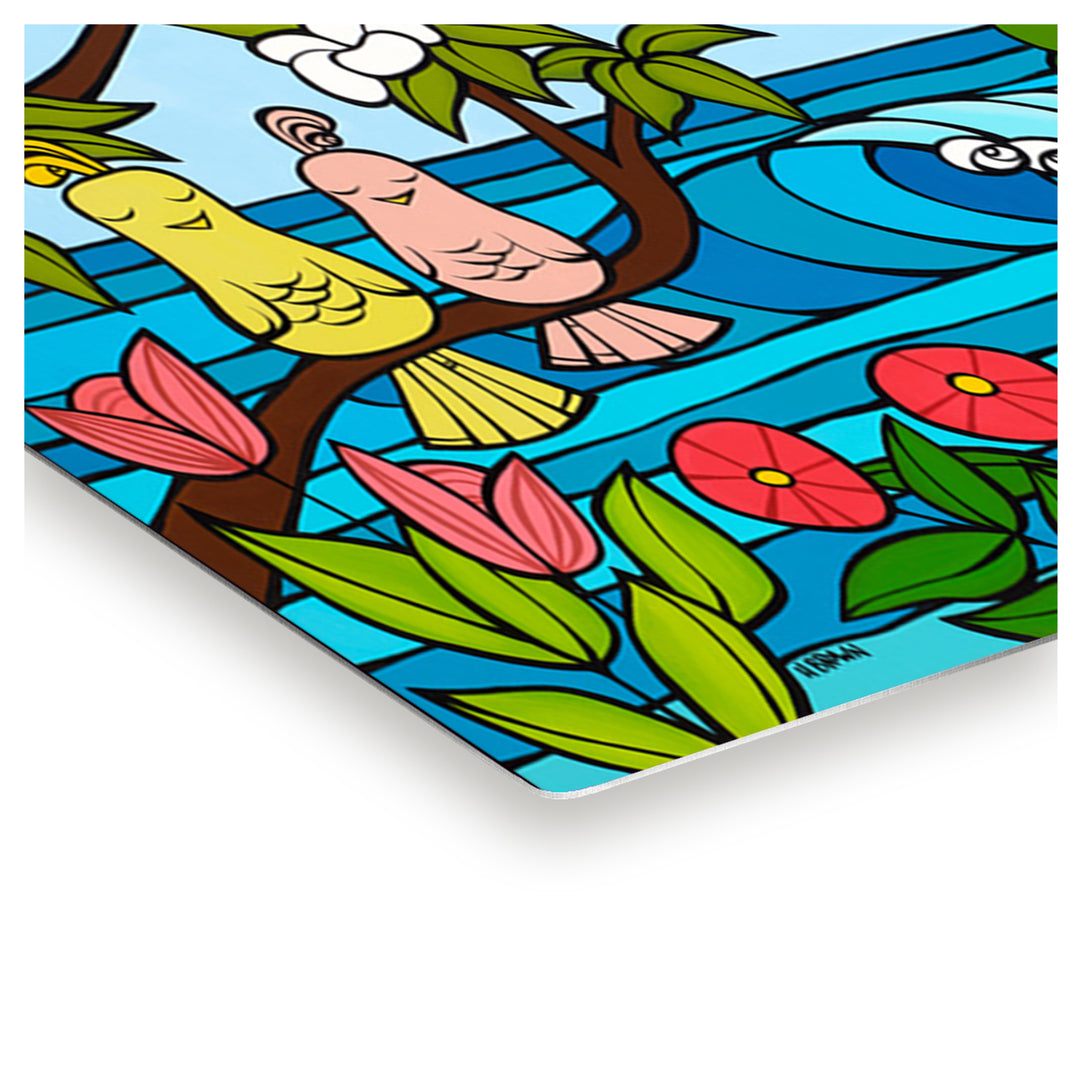 A metal art print of artwork Bird Family Holiday by Hawaii surf artist Heather Brown
