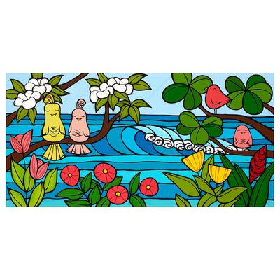 A canvas giclée print featuring some tropical flowers, and colorful birds sitting on tree branches framing rolling waves by Hawaii surf artist Heather Brown