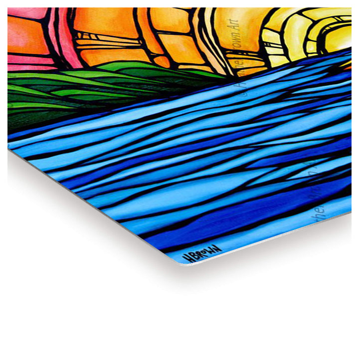 Metal edge detail of artwork Juicy Sunset by Hawaii surf artist Heather Brown