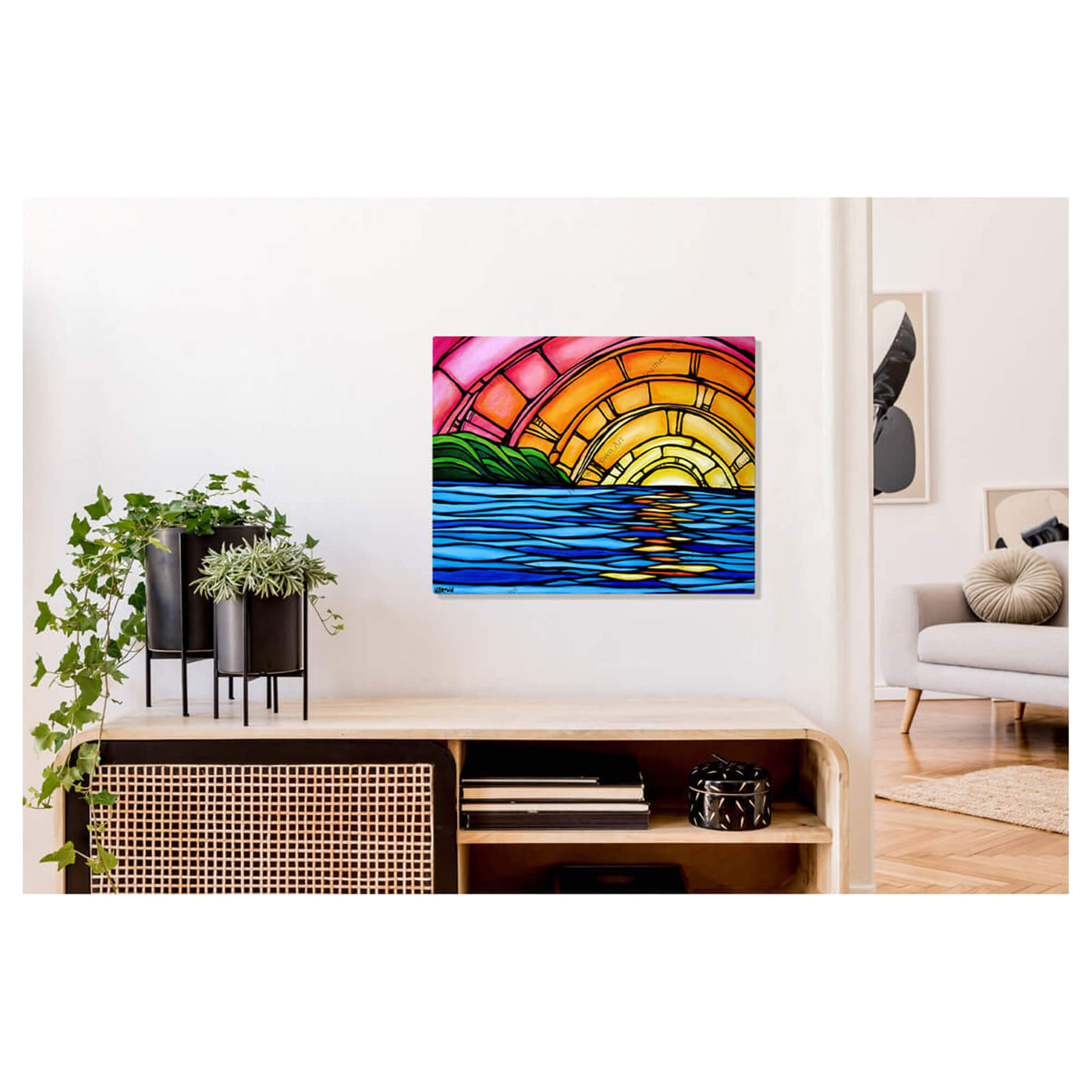 A metal art print featuring a breathtaking sunset with bright pinks and oranges where the sun drifts down into the beautiful blue horizon by Hawaii surf artist Heather Brown