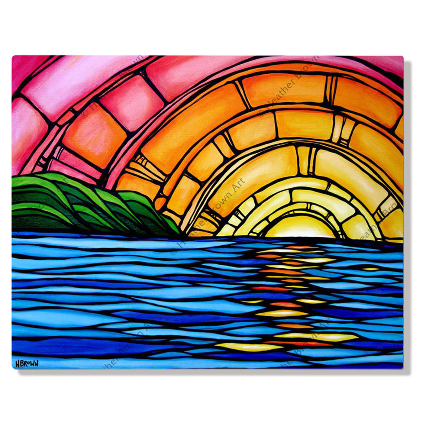 A metal art print featuring a breathtaking sunset with bright pinks and oranges where the sun drifts down into the beautiful blue horizon by Hawaii surf artist Heather Brown