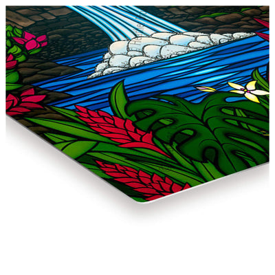 Metal print edge detail of artwork Rainbow Falls by Hawaii surf artist Heather Brown