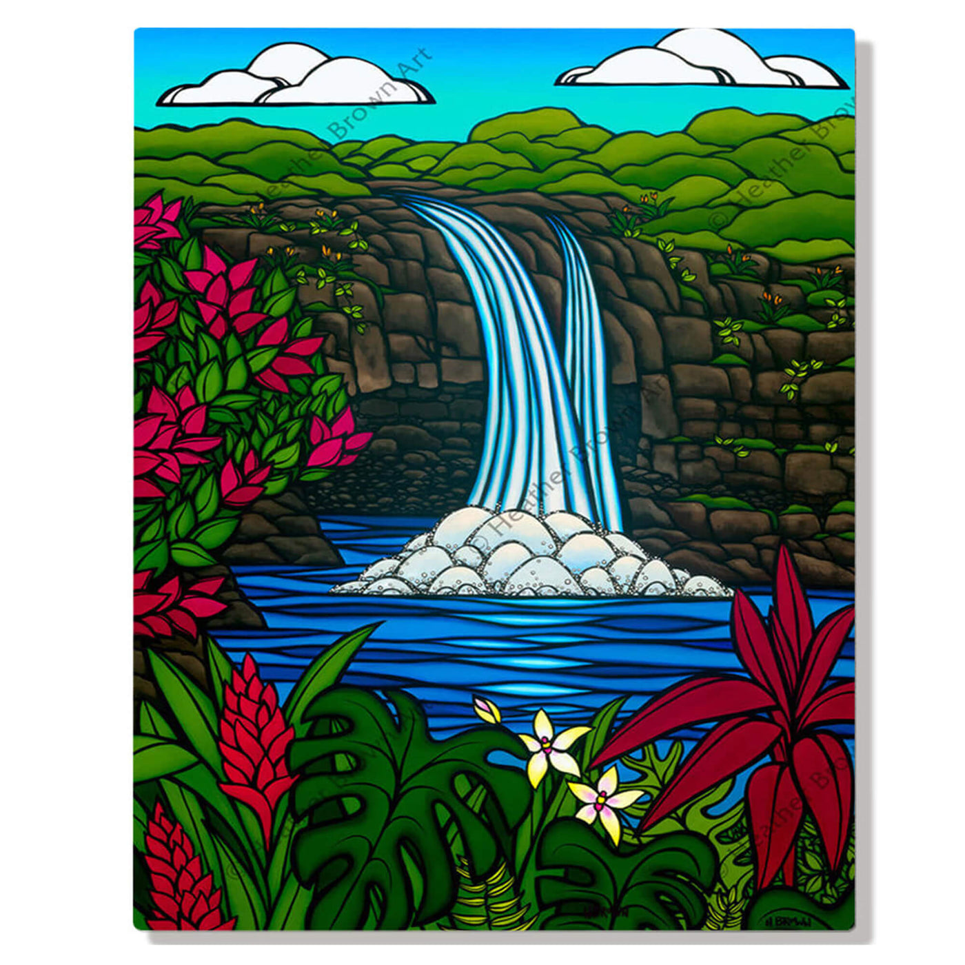 A metal art print featuring a tranquil pool, waterfall, tropical flowers, mountains, and a beautiful blue sky by Hawaii surf artist Heather Brown