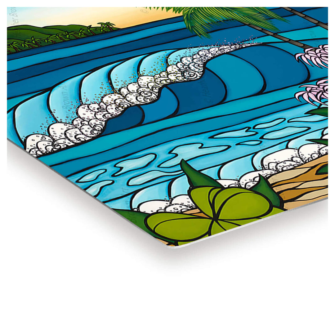 Metal print edge detail of artwork rainbow Spray by Hawaii surf artist Heather Brown