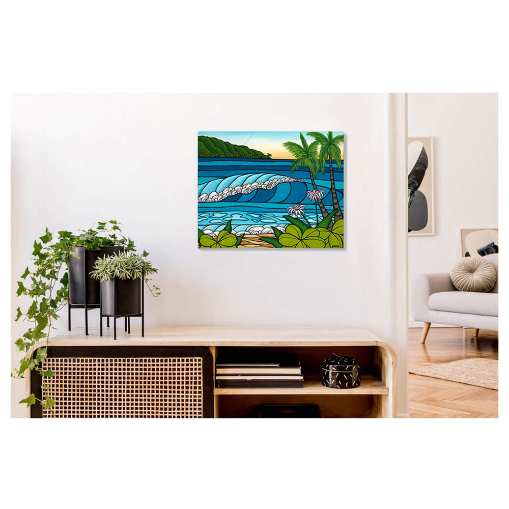 A metal art print featuring a wave-catching rainbows in its spray as it rolls towards the shore by Hawaii surf artist Heather Brown