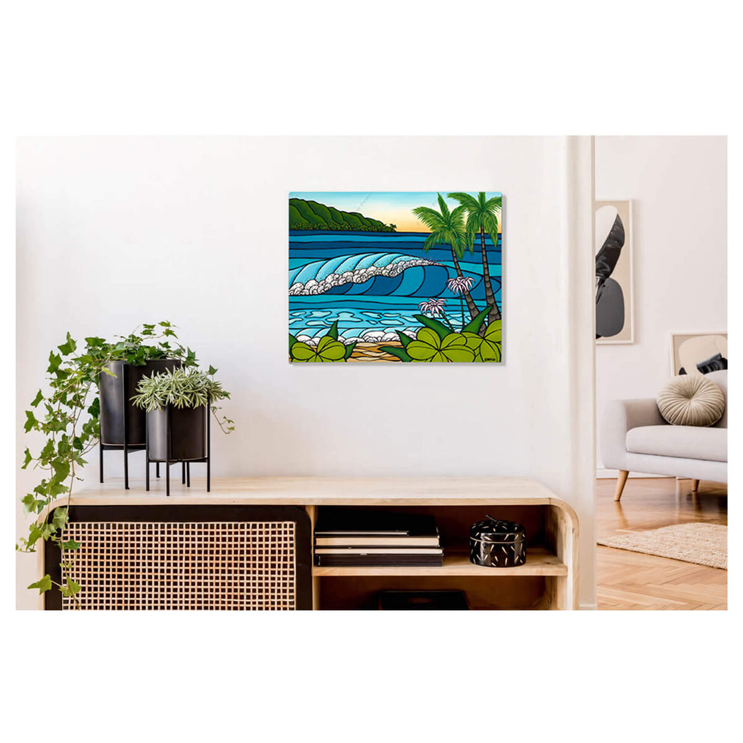 A metal art print featuring a wave-catching rainbows in its spray as it rolls towards the shore by Hawaii surf artist Heather Brown