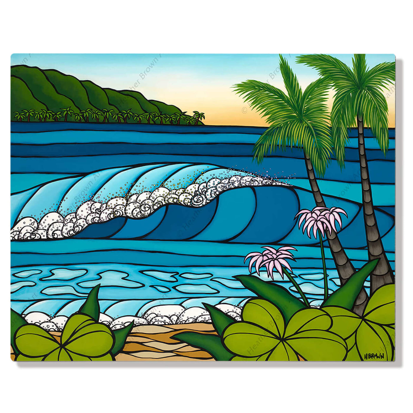 A metal art print featuring a wave-catching rainbows in its spray as it rolls towards the shore by Hawaii surf artist Heather Brown