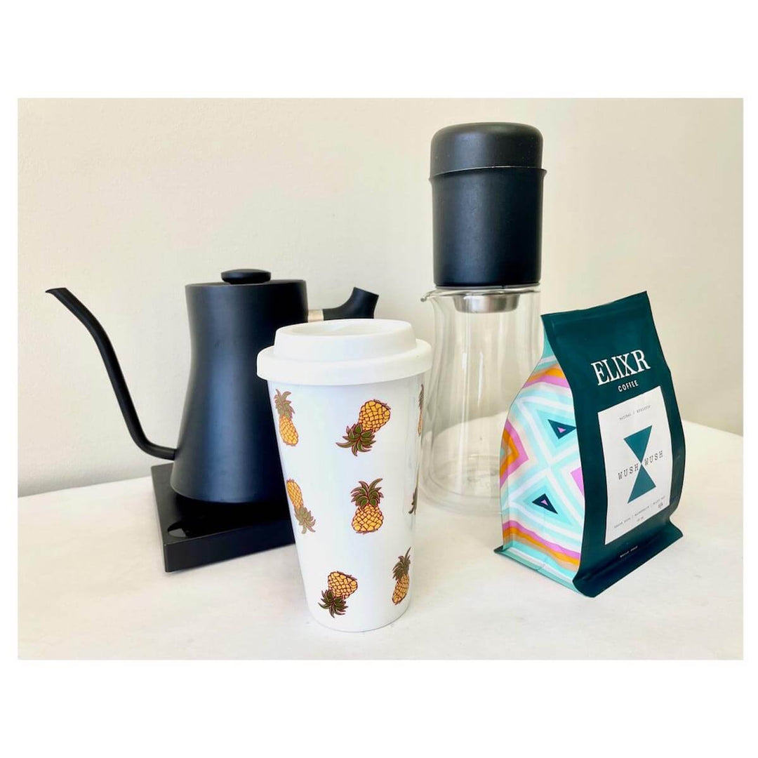 White ceramic coffee mug with Hawaii pineapple art by Heather Brown